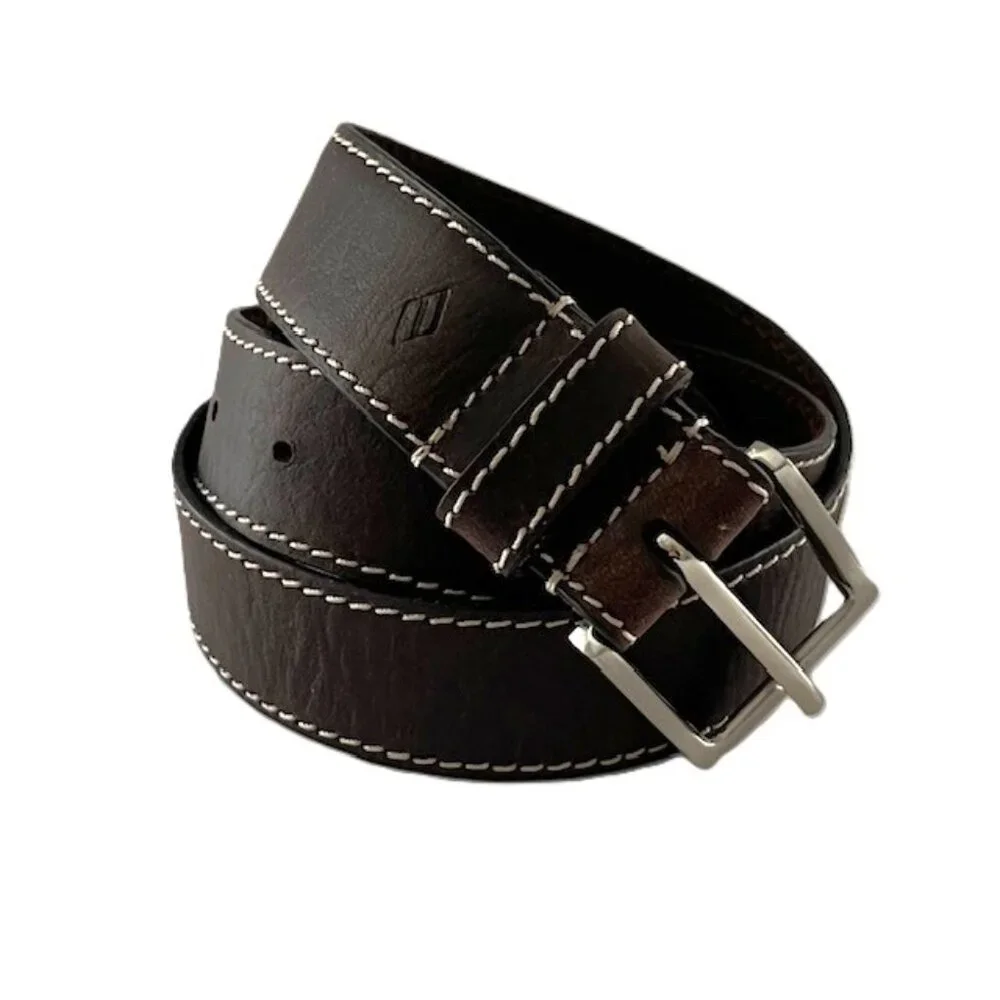 Joseph Abboud Brown Leather Belt White Stitched Border Silver Buckle 26